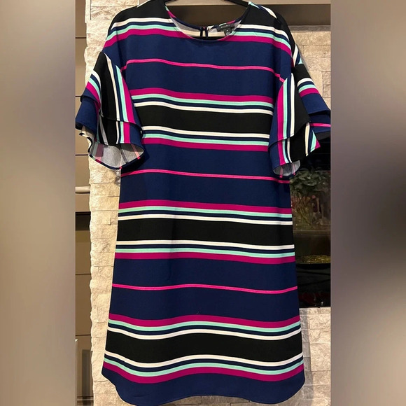 Halogen blue white pink and green striped sheath dress size Medium - Picture 1 of 10